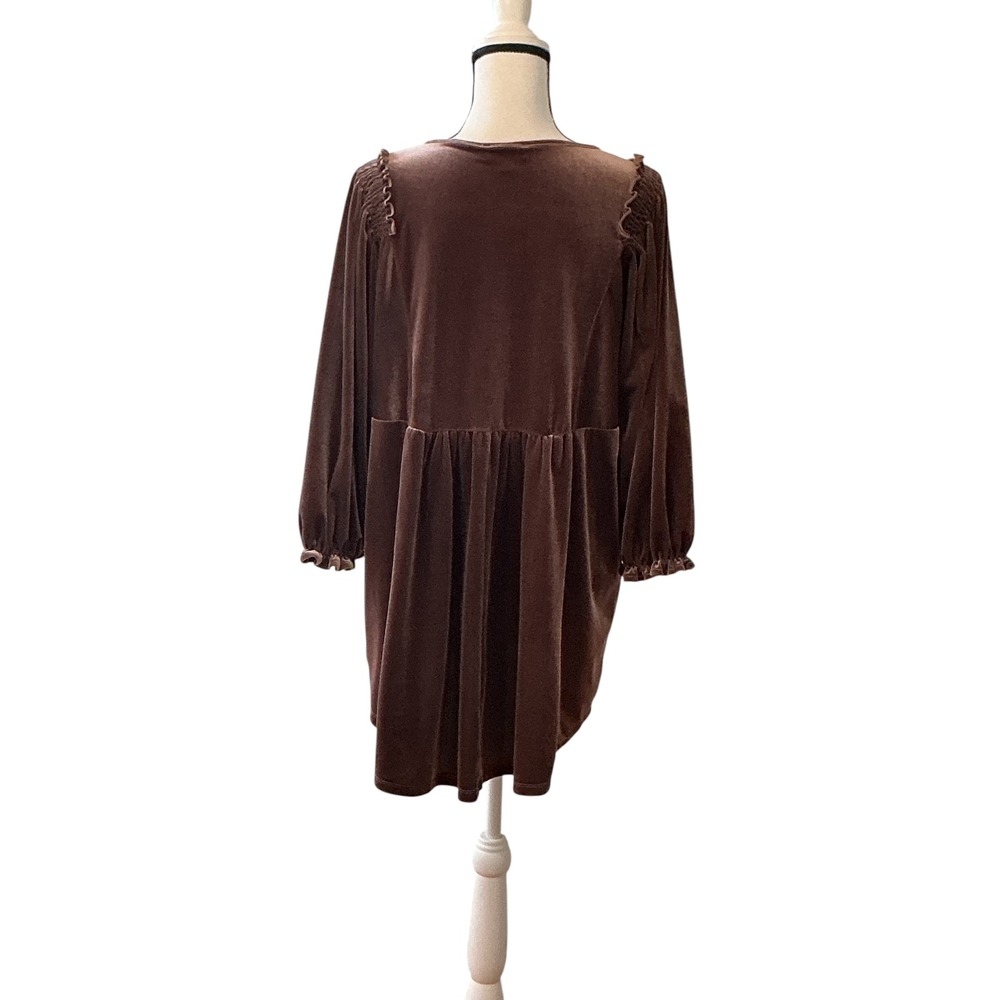 Umgee Brown Velvet Babydoll Mini Dress V-Neck Smocked Pockets XL WA0325 - Picture 6 of 14